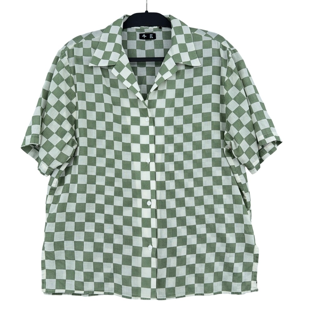 Thrills Camp Collar Shirt Mens S 100% Cotton Green White Checkered Short Sleeve